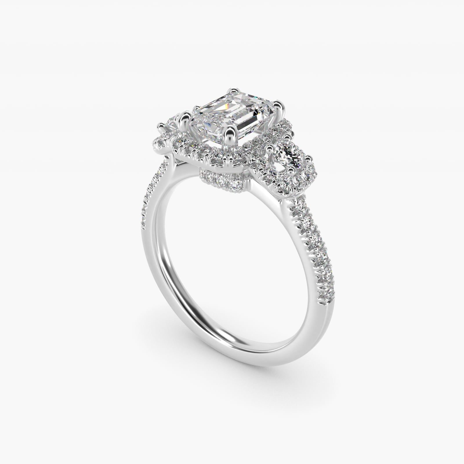 Three-Stone Cushion Halo Diamond Engagement Ring in 18k White Gold - Emerald Center