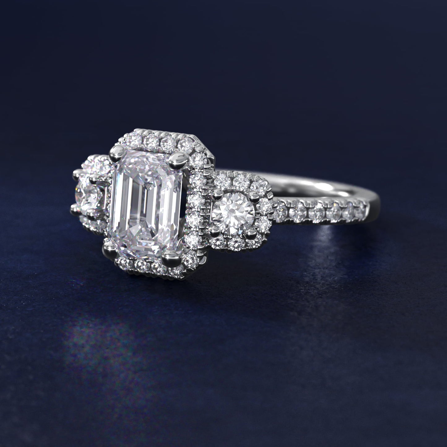 Three-Stone Cushion Halo Diamond Engagement Ring in 18k White Gold - Emerald Center