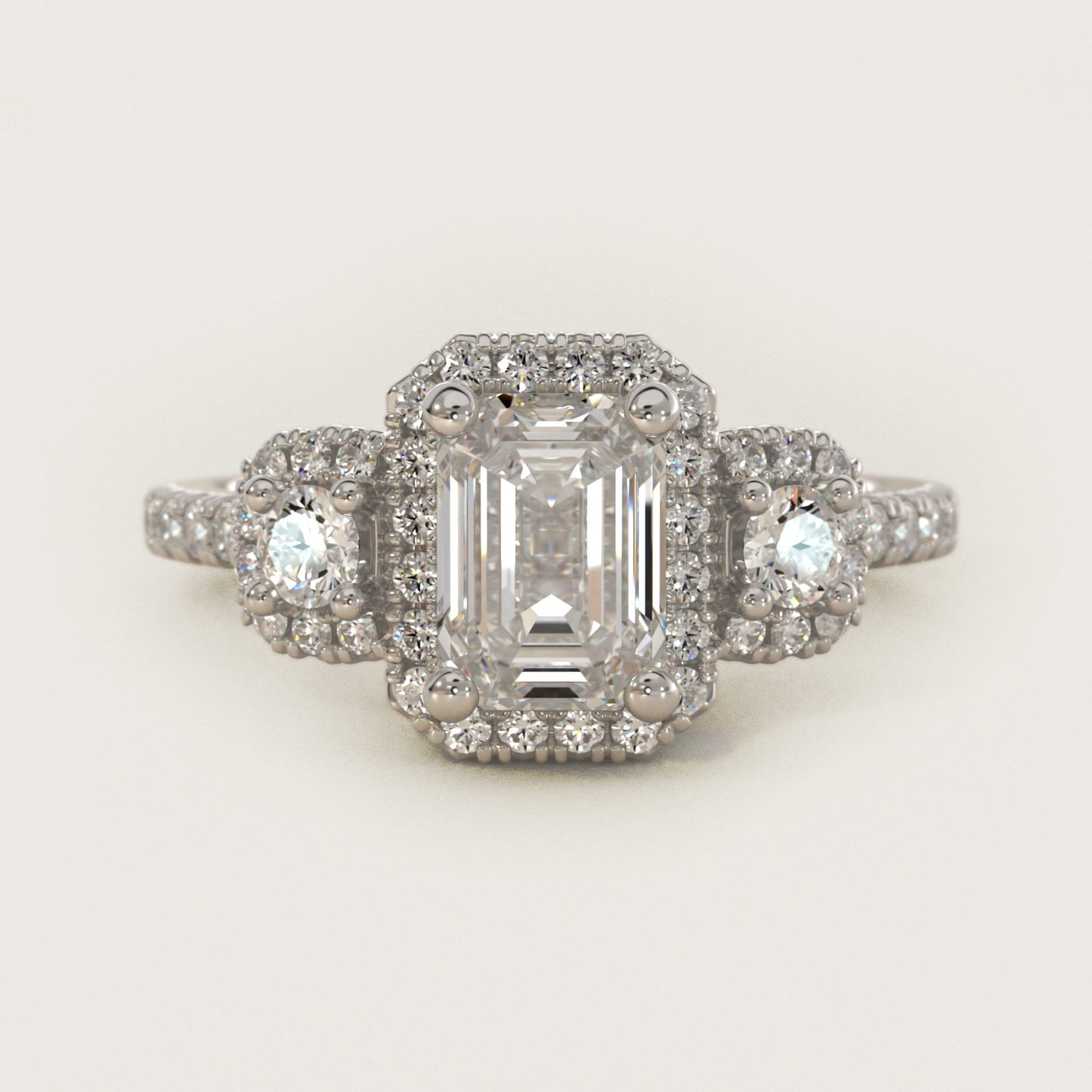 Three-Stone Cushion Halo Diamond Engagement Ring in 14k White Gold - Emerald Center