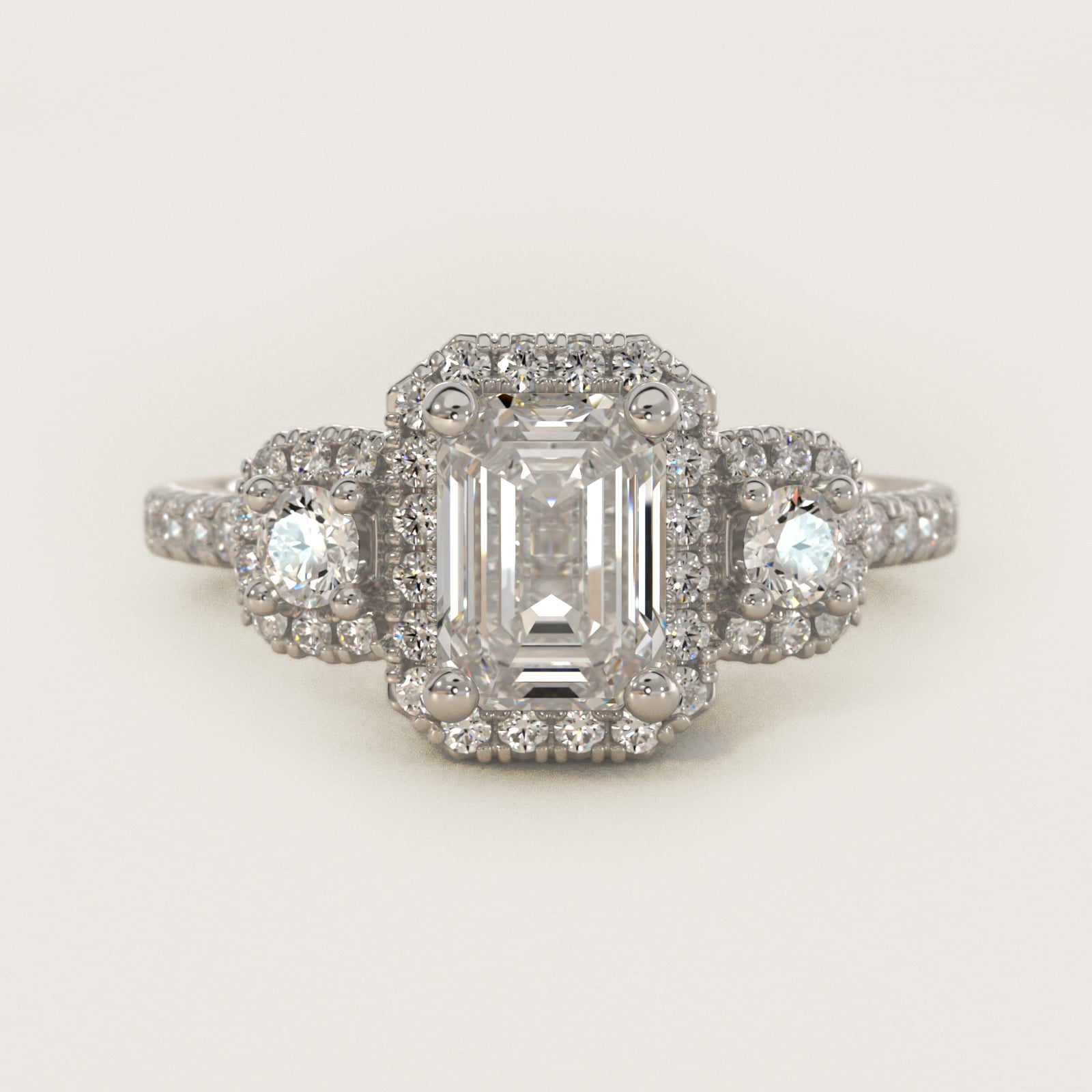 Three-Stone Cushion Halo Diamond Engagement Ring in 14k White Gold - Emerald Center