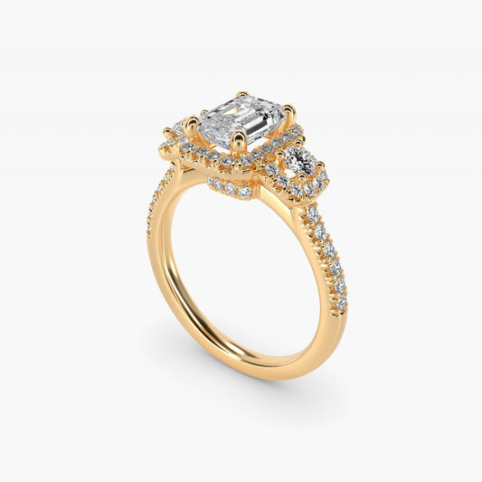 Three-Stone Cushion Halo Diamond Engagement Ring in 18k Yellow Gold - Emerald Center