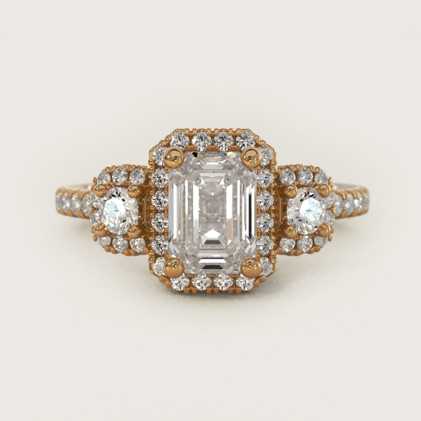 Three-Stone Cushion Halo Diamond Engagement Ring in 14k Yellow Gold - Emerald Center