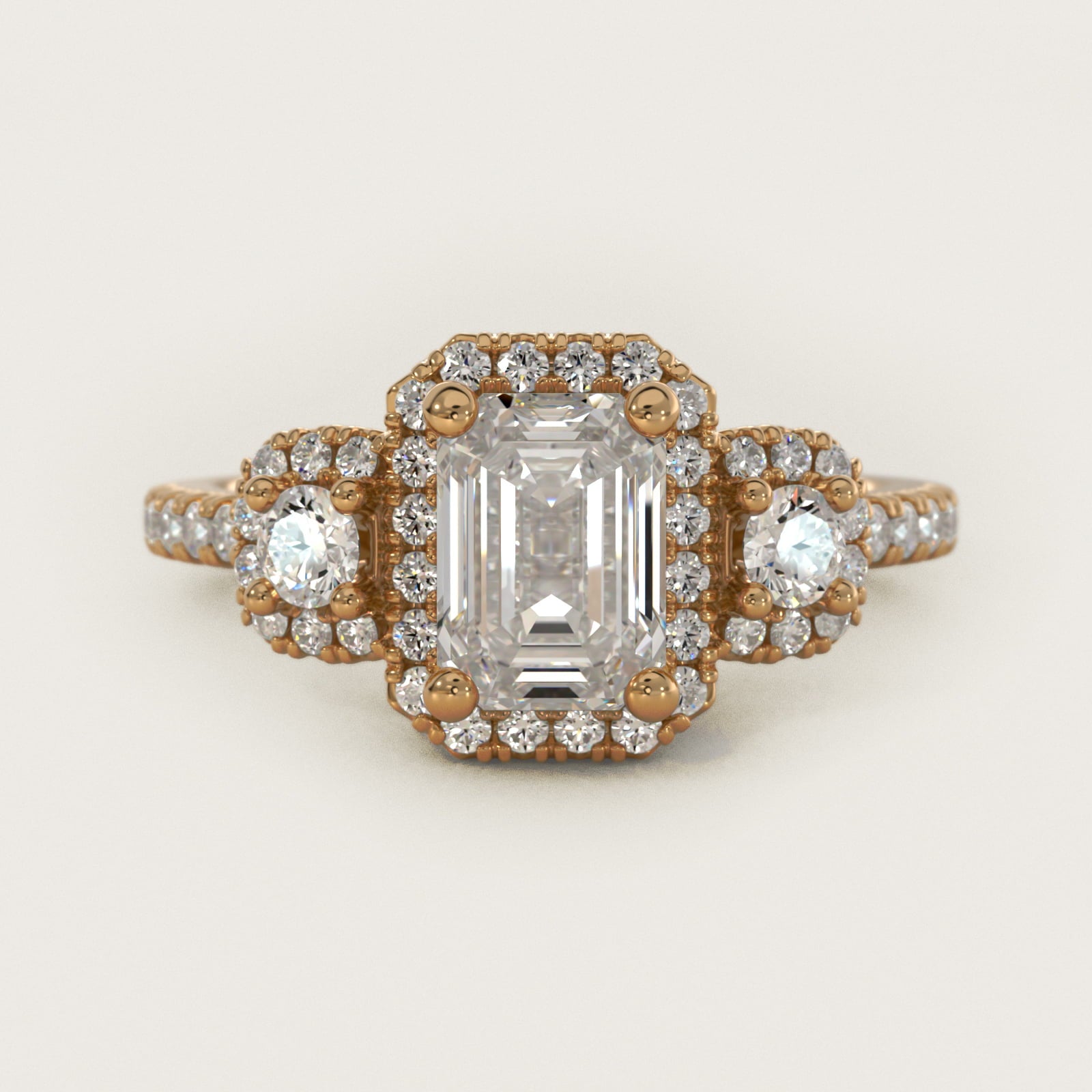 Three-Stone Cushion Halo Diamond Engagement Ring in 14k Yellow Gold - Emerald Center