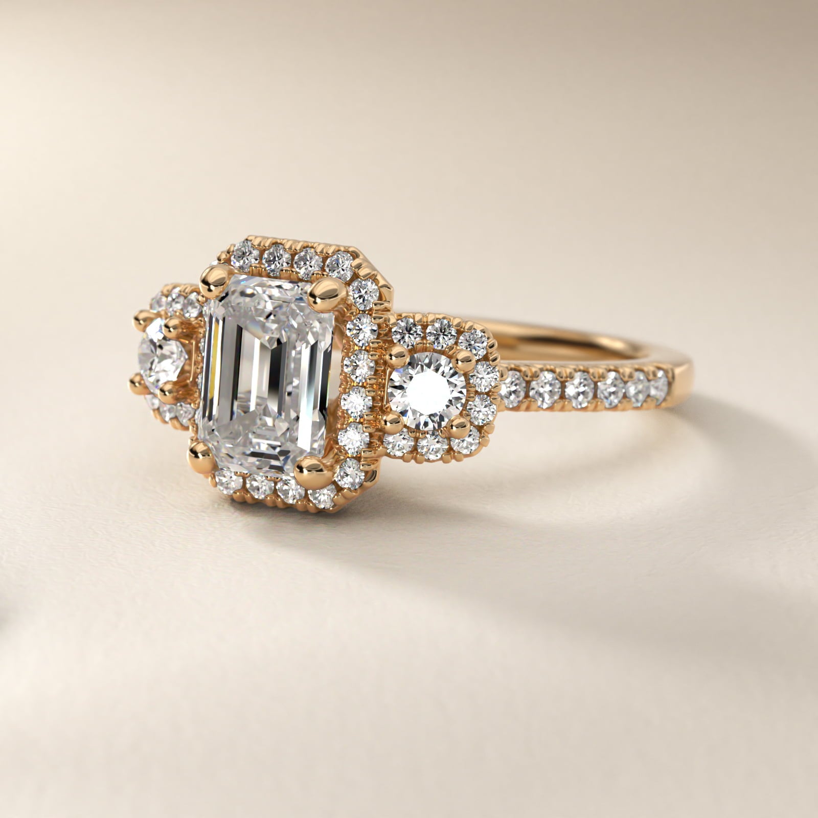 Three-Stone Cushion Halo Diamond Engagement Ring in 18k Yellow Gold - Emerald Center