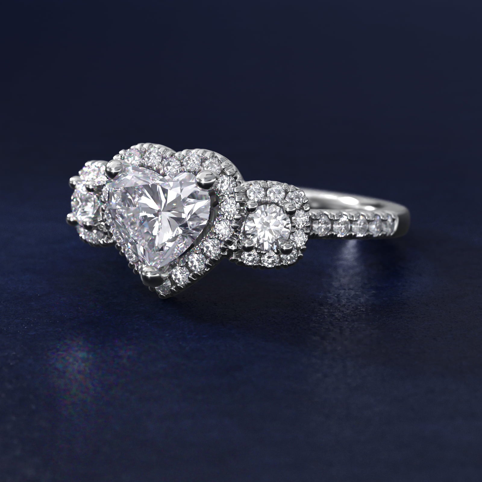 Three-Stone Cushion Halo Diamond Engagement Ring in 14k White Gold - Heart Center