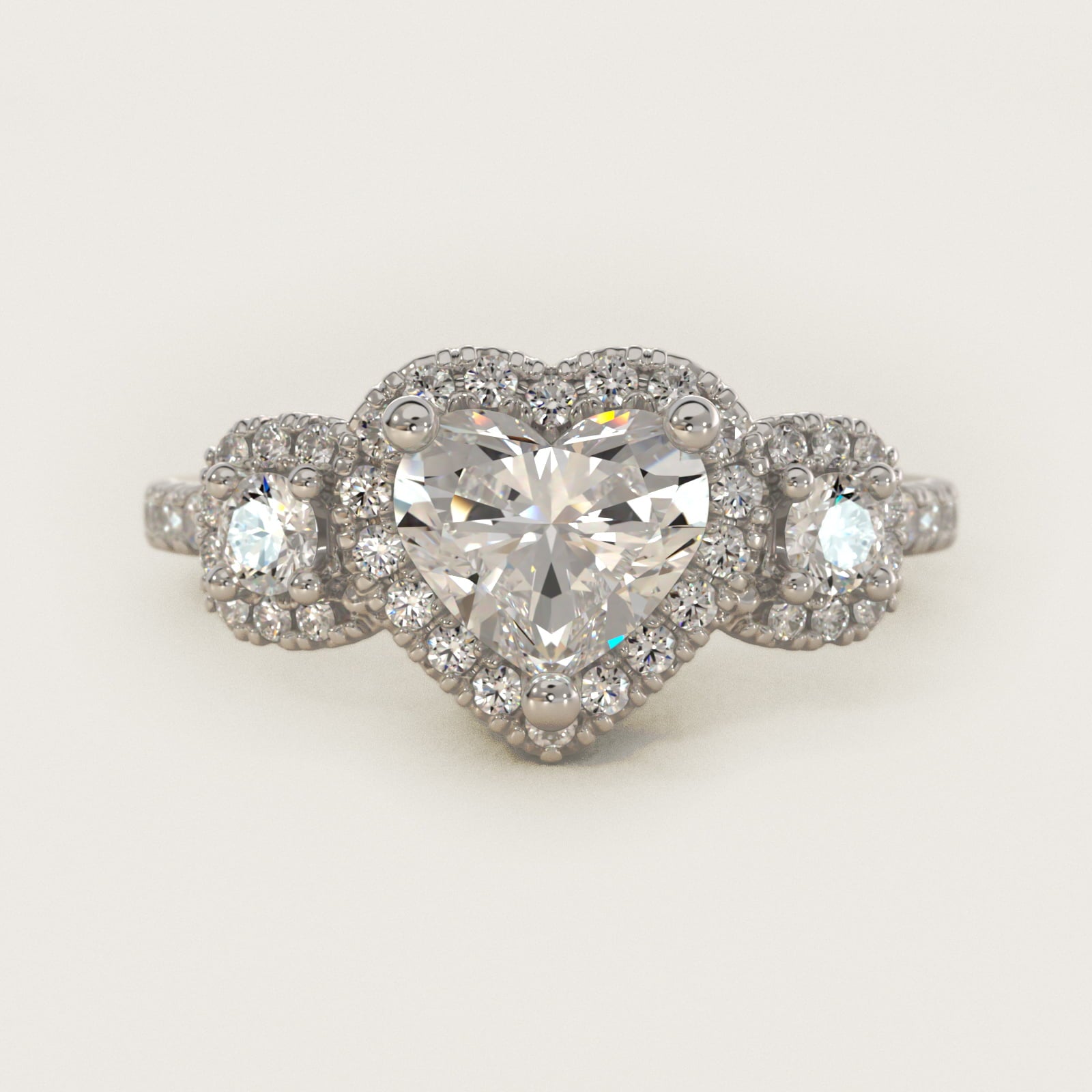 Three-Stone Cushion Halo Diamond Engagement Ring in 14k White Gold - Heart Center