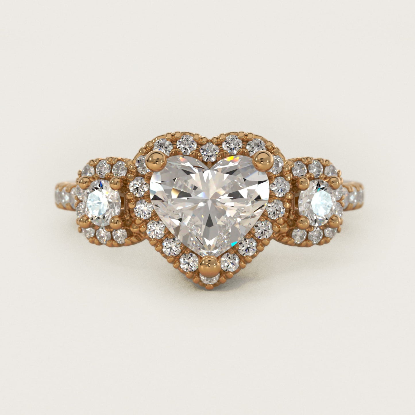 Three-Stone Cushion Halo Diamond Engagement Ring in 18k Yellow Gold - Heart Center