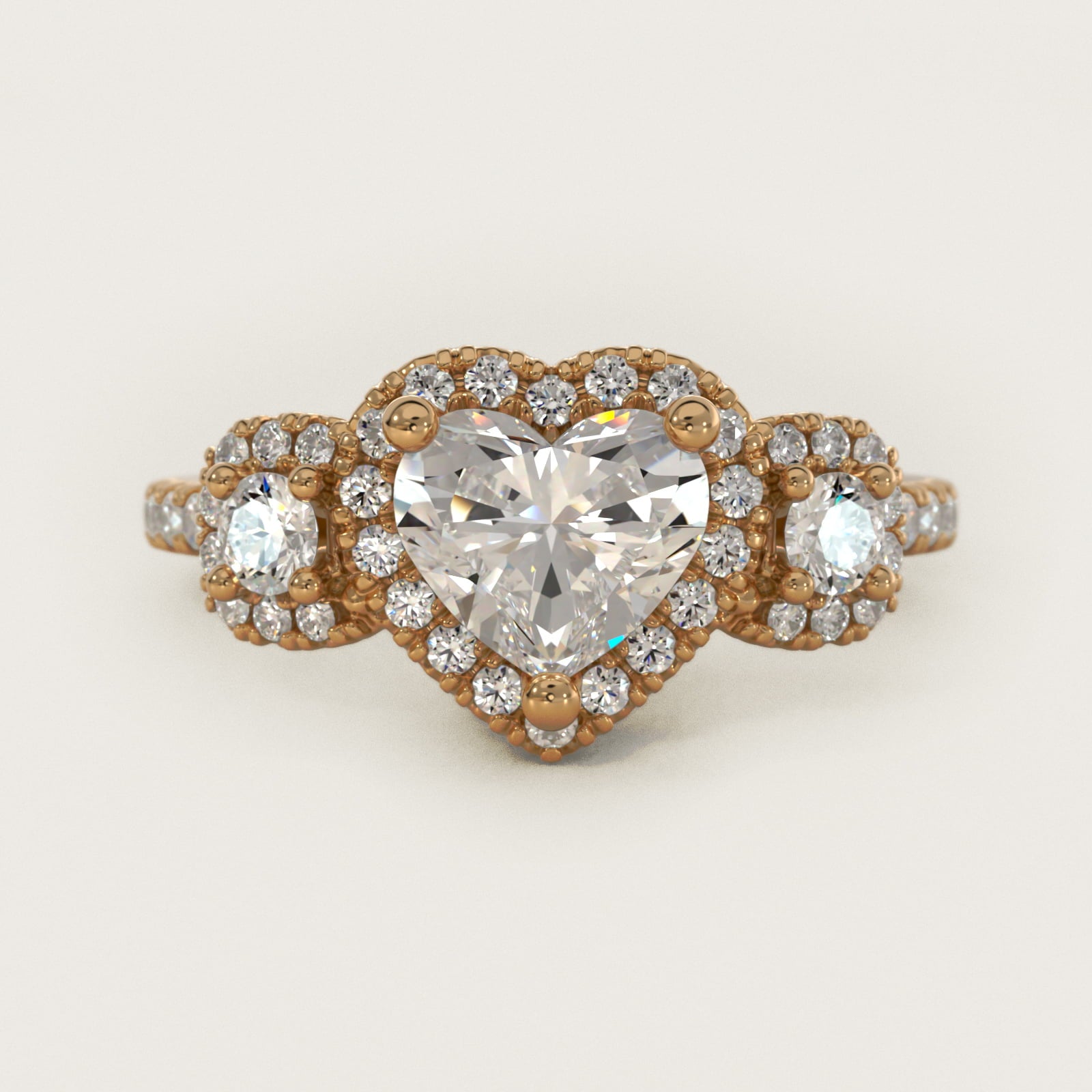 Three-Stone Cushion Halo Diamond Engagement Ring in 18k Yellow Gold - Heart Center