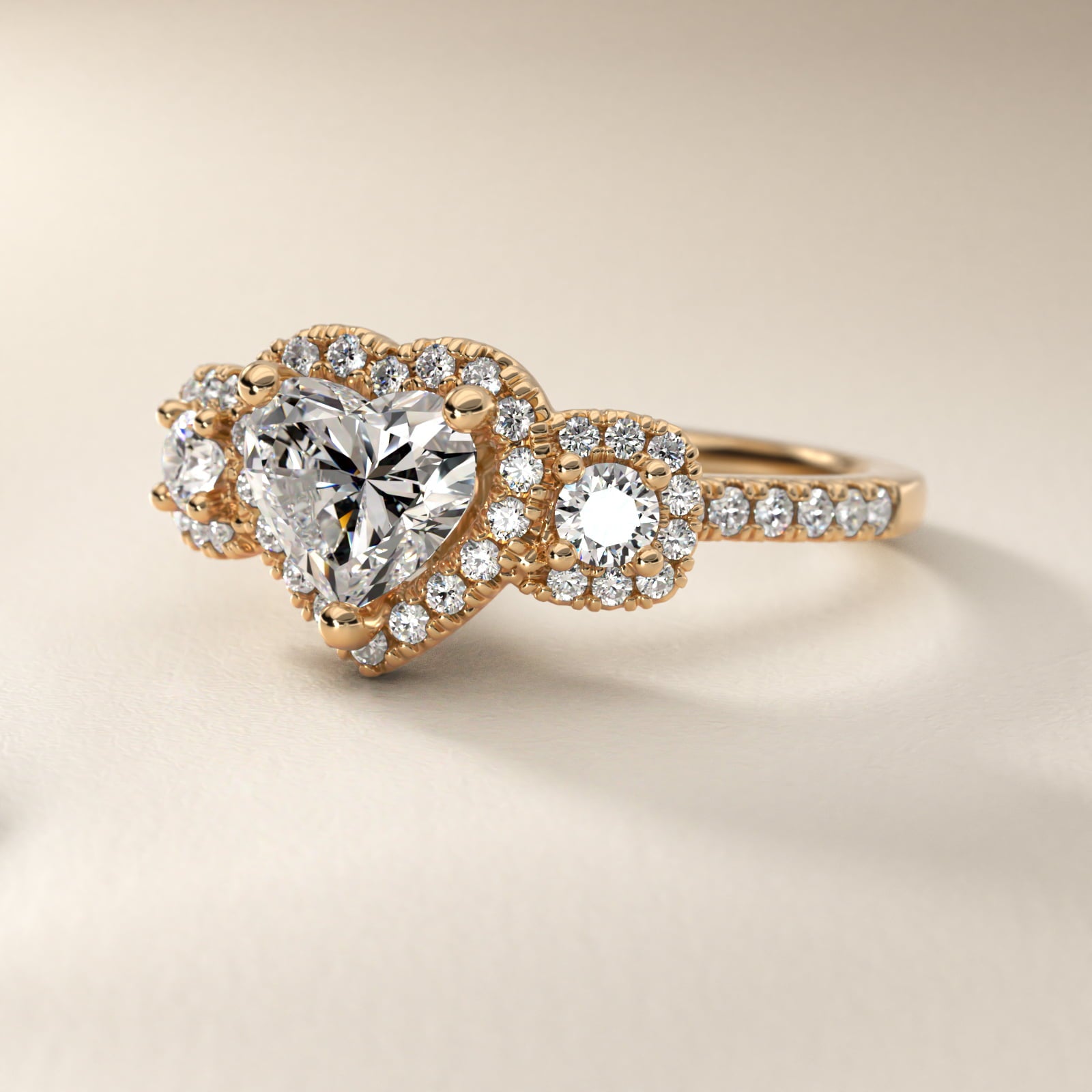 Three-Stone Cushion Halo Diamond Engagement Ring in 18k Yellow Gold - Heart Center