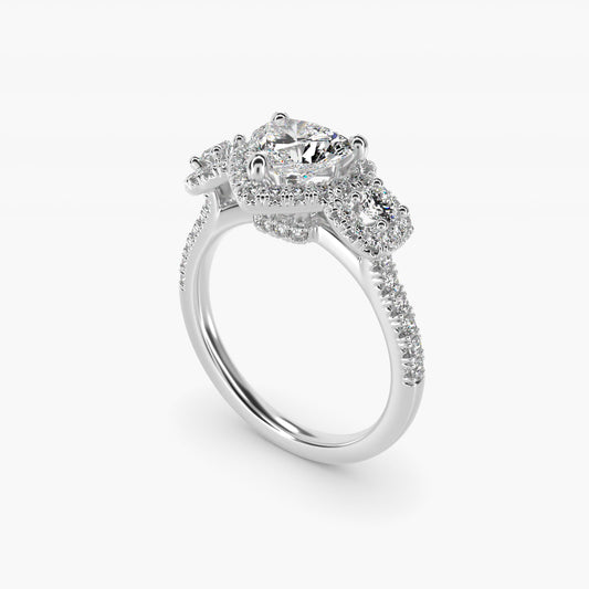 Three-Stone Cushion Halo Diamond Engagement Ring in Platinum - Heart Center