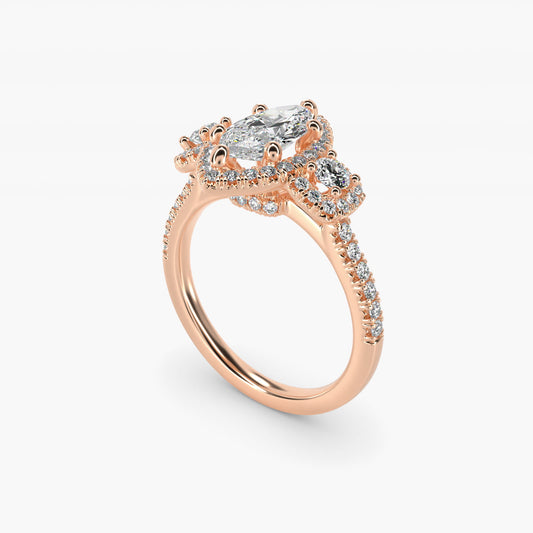 Three-Stone Cushion Halo Diamond Engagement Ring in 14k Rose Gold - Marquise Center