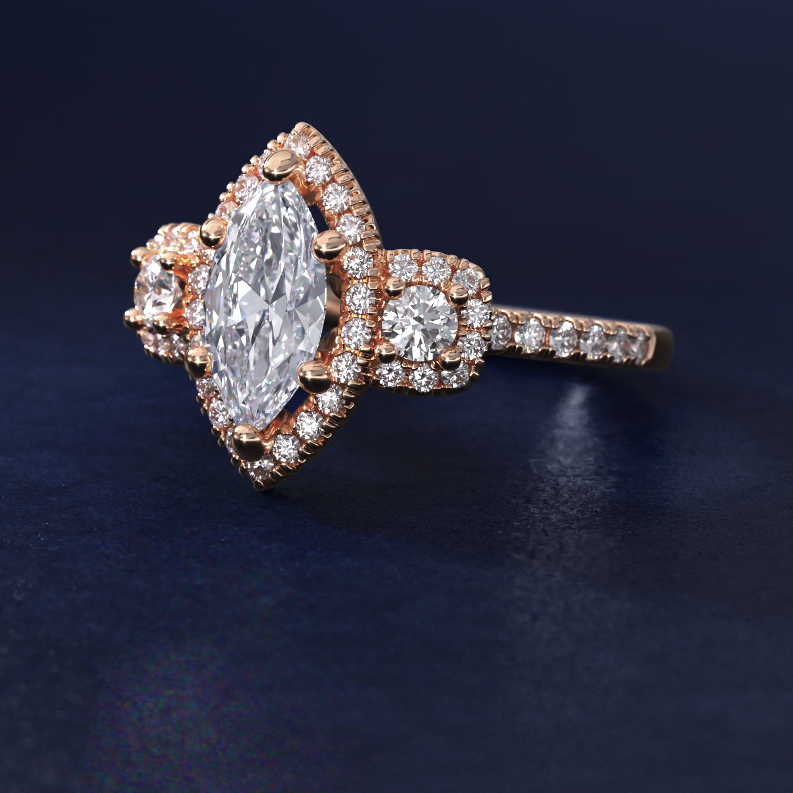 Three-Stone Cushion Halo Diamond Engagement Ring in 14k Rose Gold - Marquise Center