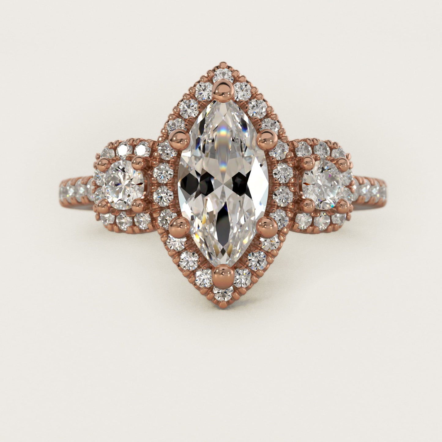 Three-Stone Cushion Halo Diamond Engagement Ring in 14k Rose Gold - Marquise Center