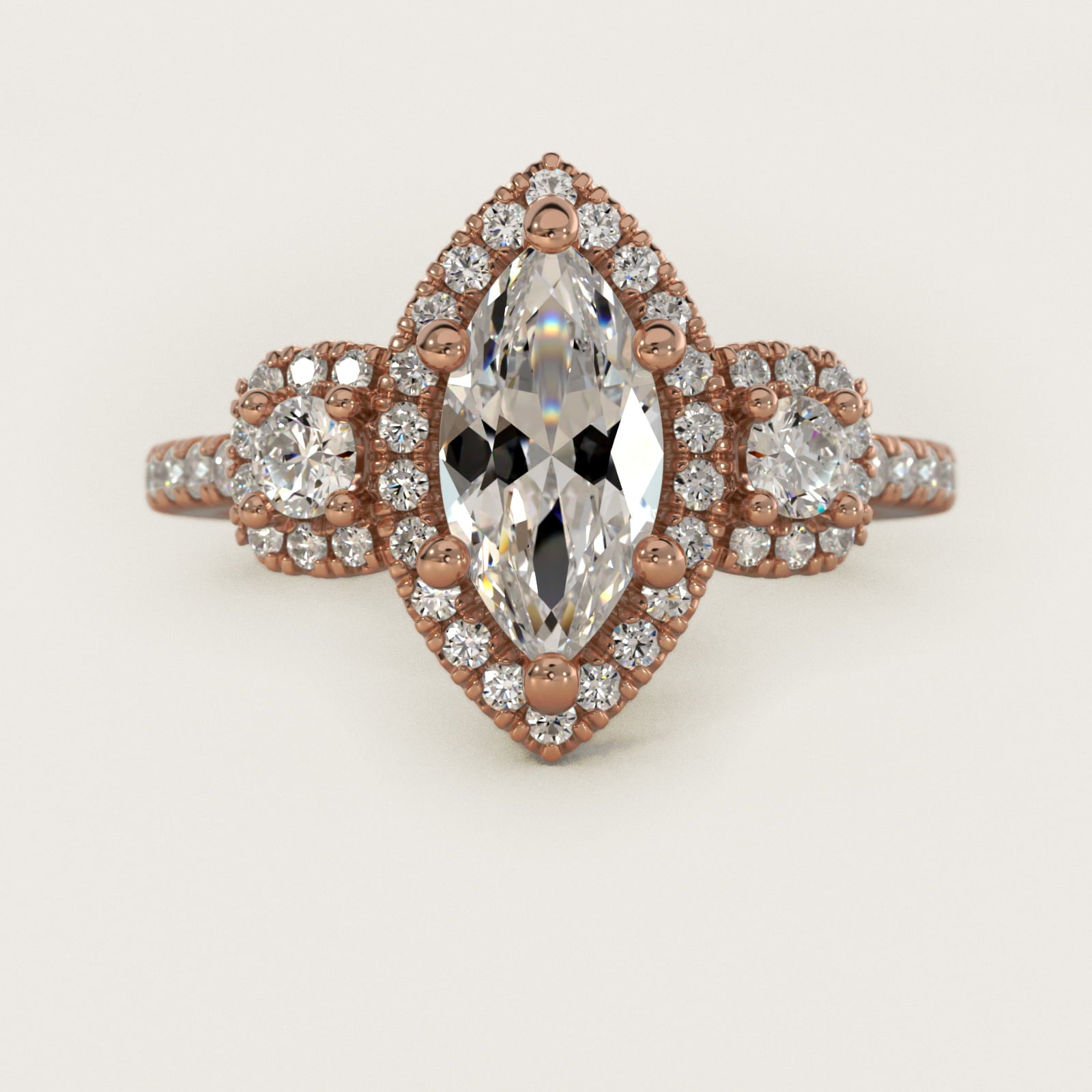 Three-Stone Cushion Halo Diamond Engagement Ring in 14k Rose Gold - Marquise Center