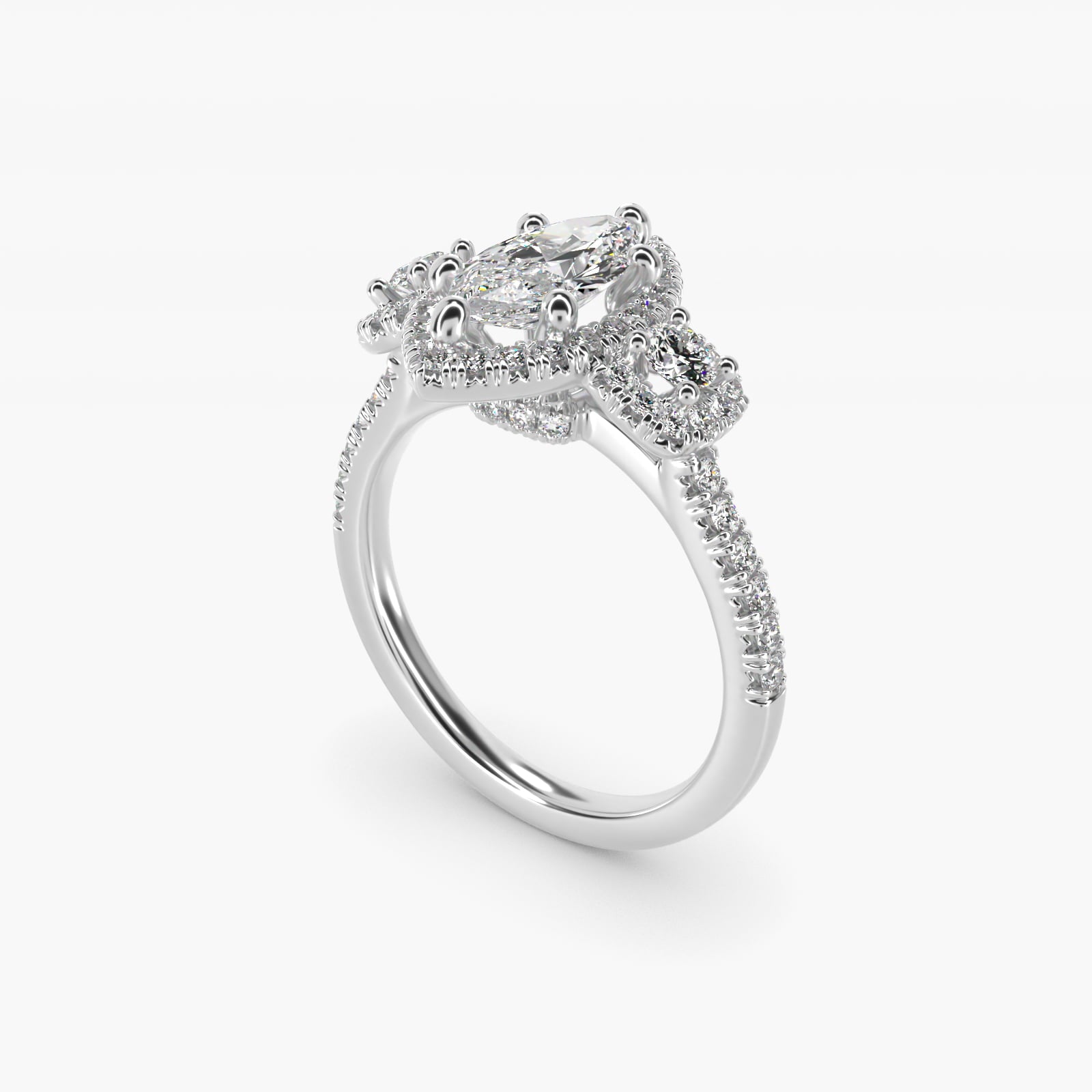 Three-Stone Cushion Halo Diamond Engagement Ring in 18k White Gold - Marquise Center
