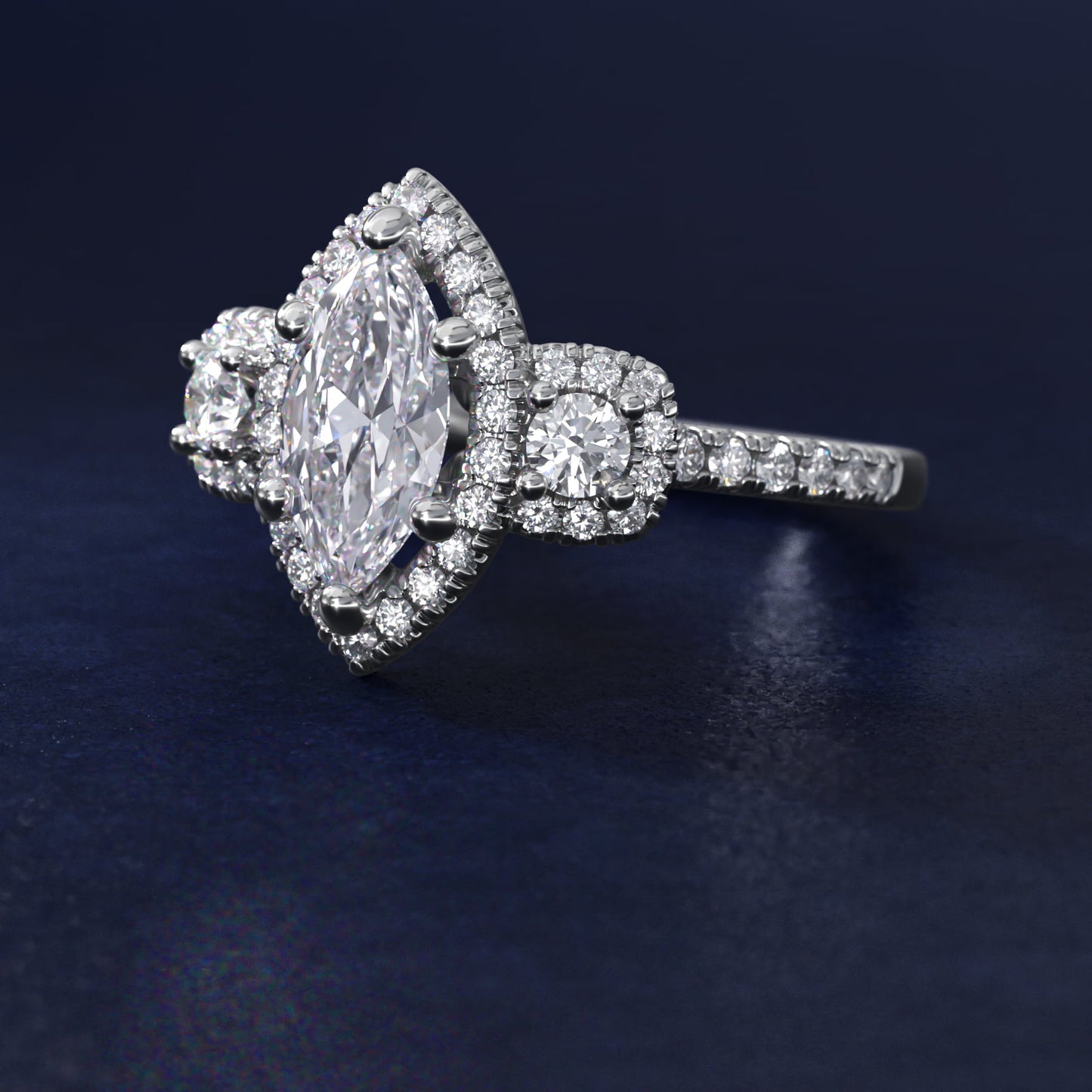 Three-Stone Cushion Halo Diamond Engagement Ring in 14k White Gold - Marquise Center