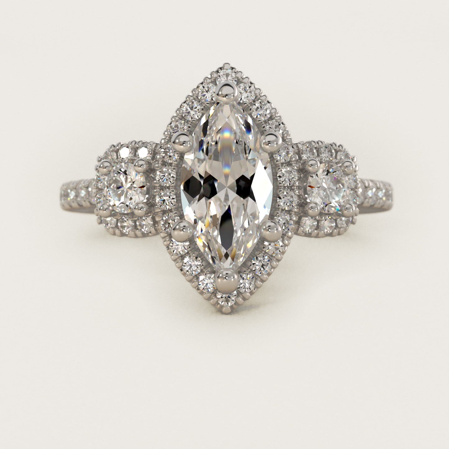 Three-Stone Cushion Halo Diamond Engagement Ring in 18k White Gold - Marquise Center