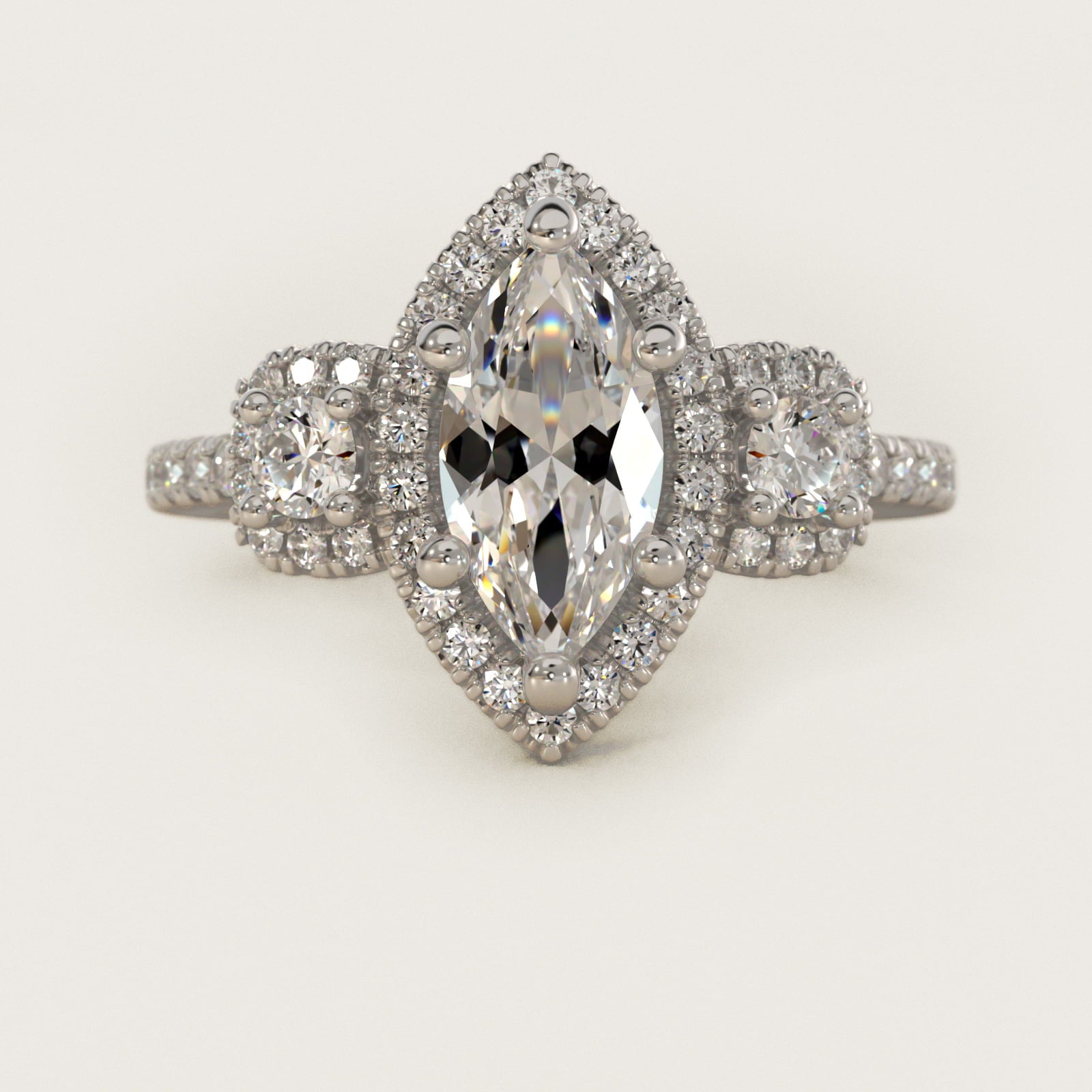 Three-Stone Cushion Halo Diamond Engagement Ring in 18k White Gold - Marquise Center