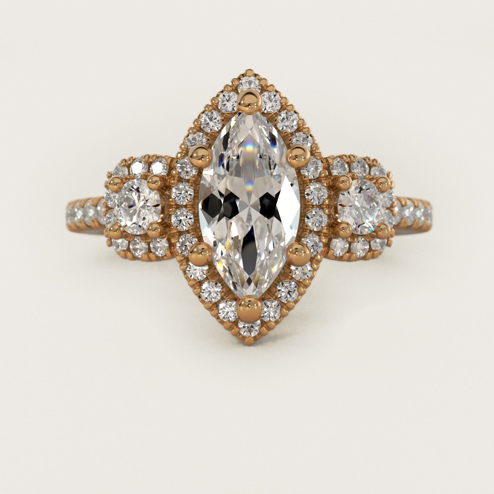Three-Stone Cushion Halo Diamond Engagement Ring in 14k Yellow Gold - Marquise Center