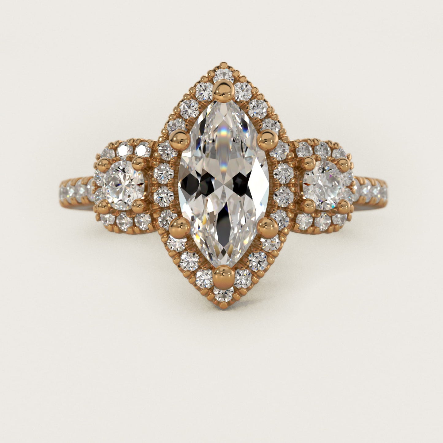 Three-Stone Cushion Halo Diamond Engagement Ring in 18k Yellow Gold - Marquise Center