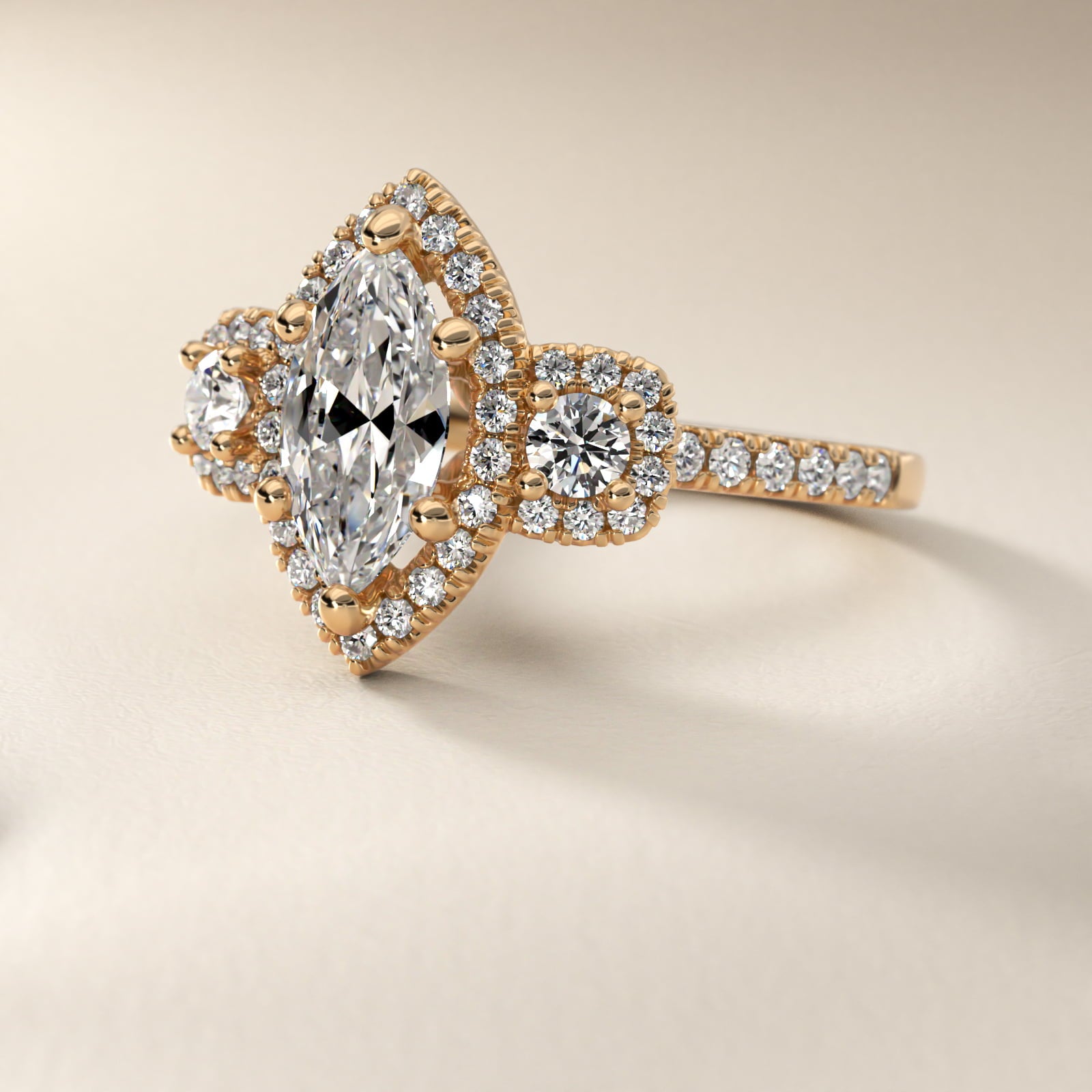 Three-Stone Cushion Halo Diamond Engagement Ring in 14k Yellow Gold - Marquise Center
