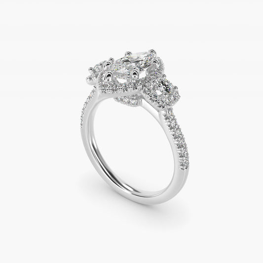 Three-Stone Cushion Halo Diamond Engagement Ring in Platinum - Marquise Center