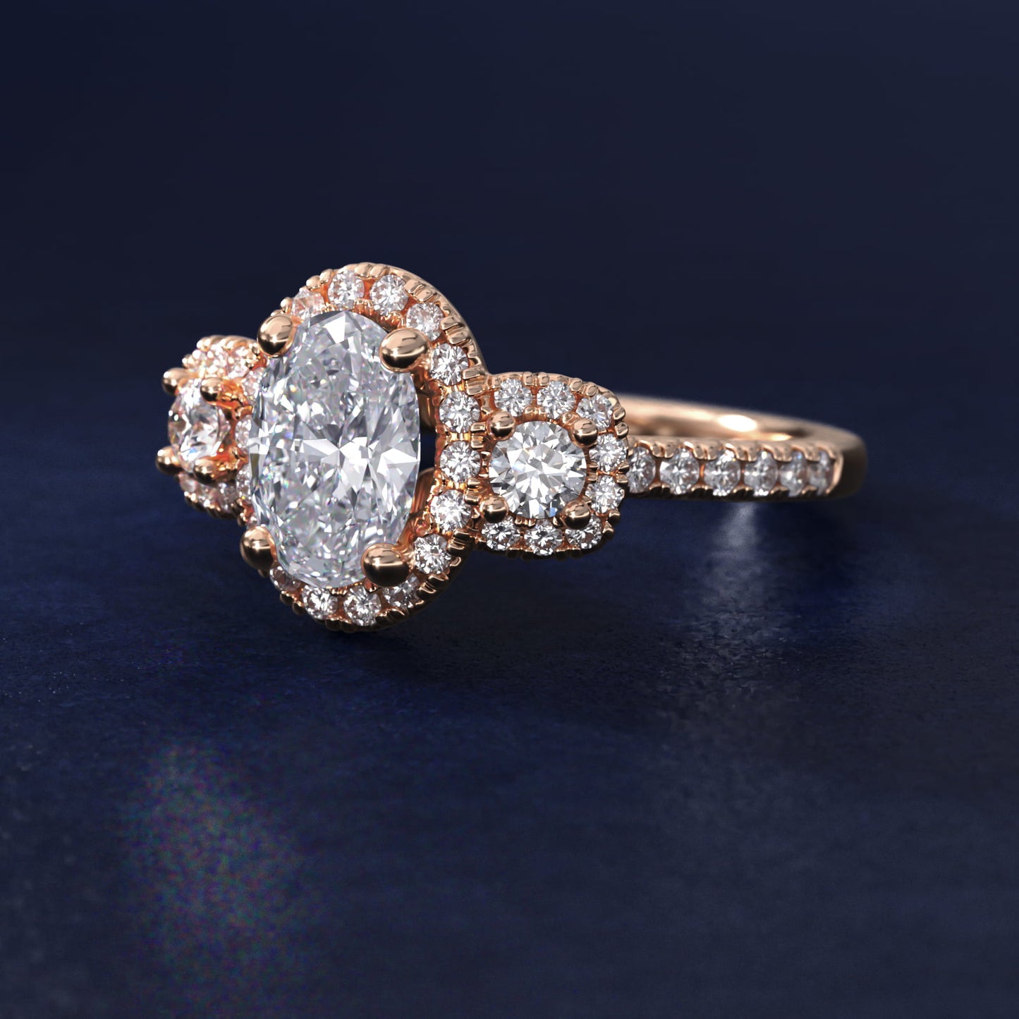 Three-Stone Cushion Halo Diamond Engagement Ring in 14k Rose Gold - Oval Center