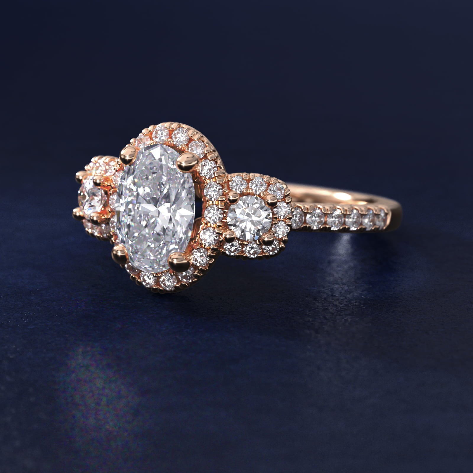 Three-Stone Cushion Halo Diamond Engagement Ring in 14k Rose Gold - Oval Center