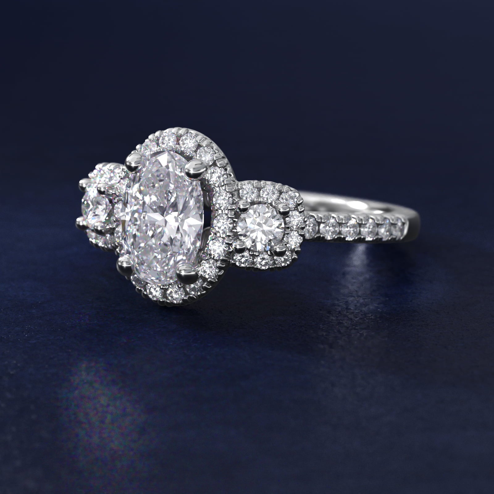 Three-Stone Cushion Halo Diamond Engagement Ring in 14k White Gold - Oval Center