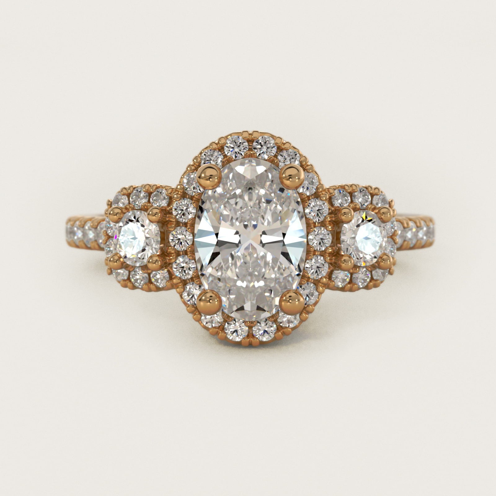 Three-Stone Cushion Halo Diamond Engagement Ring in 14k Yellow Gold - Oval Center