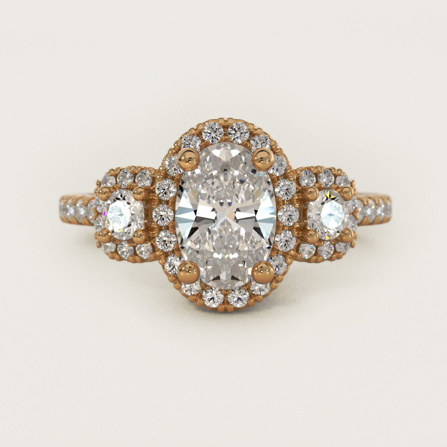 Three-Stone Cushion Halo Diamond Engagement Ring in 18k Yellow Gold - Oval Center
