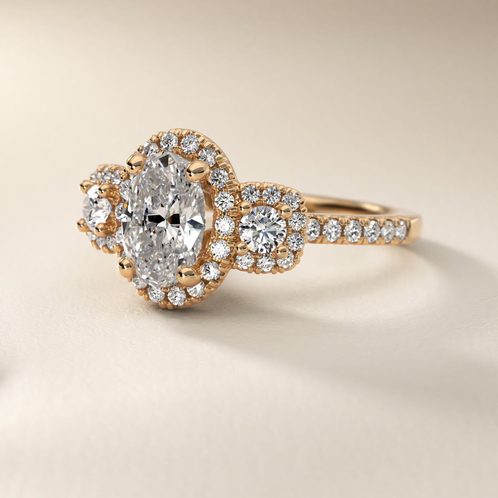 Three-Stone Cushion Halo Diamond Engagement Ring in 14k Yellow Gold - Oval Center