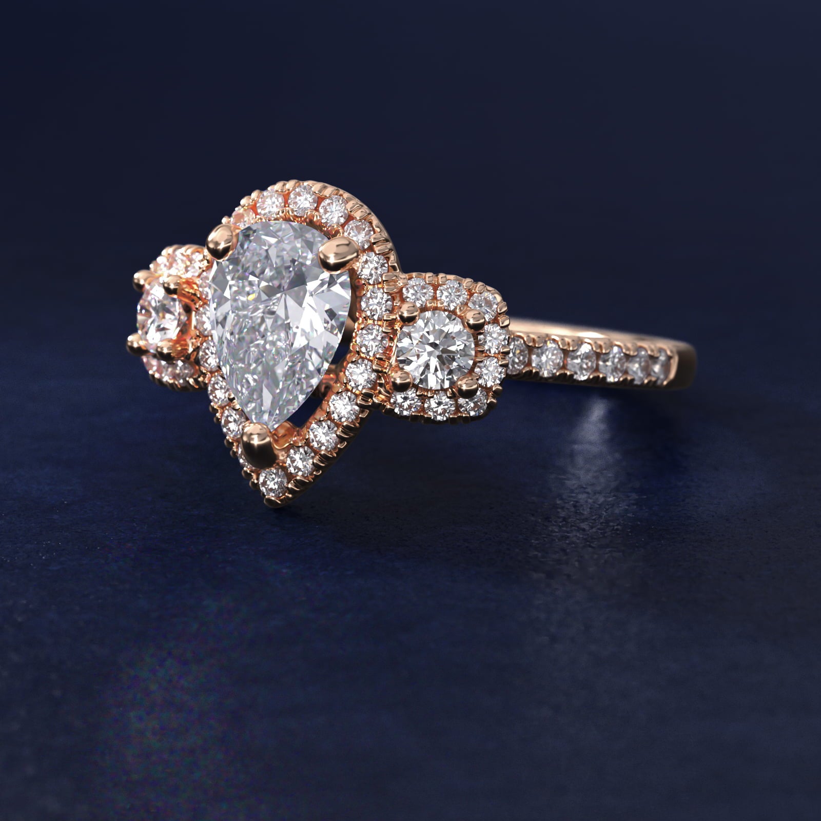 Three-Stone Cushion Halo Diamond Engagement Ring in 18k Rose Gold - Pear Center