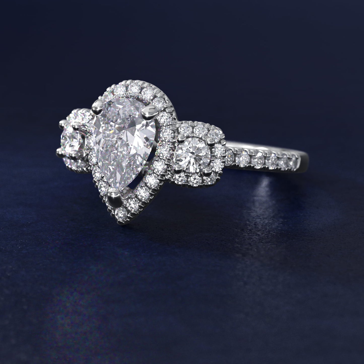 Three-Stone Cushion Halo Diamond Engagement Ring in 14k White Gold - Pear Center
