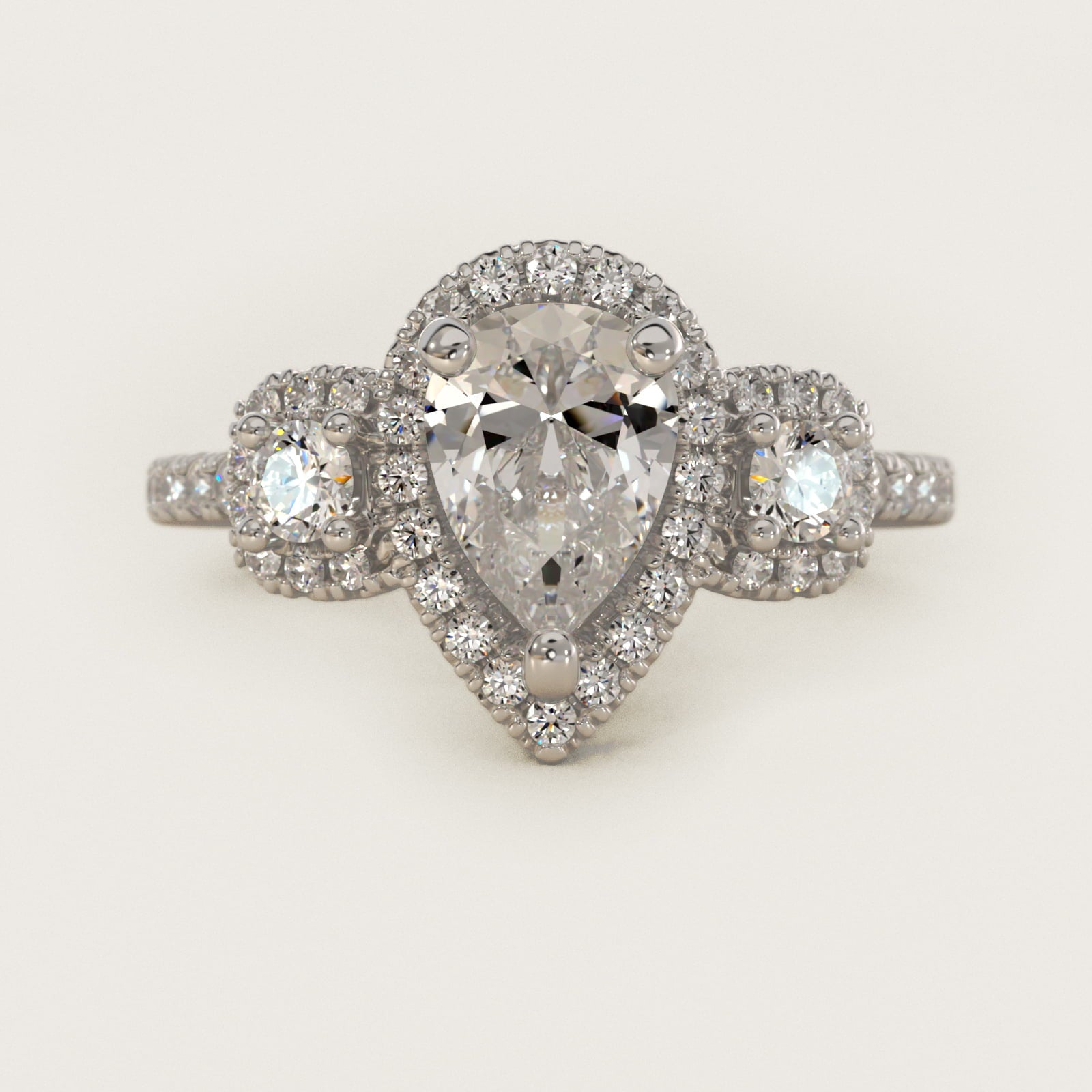 Three-Stone Cushion Halo Diamond Engagement Ring in 18k White Gold - Pear Center