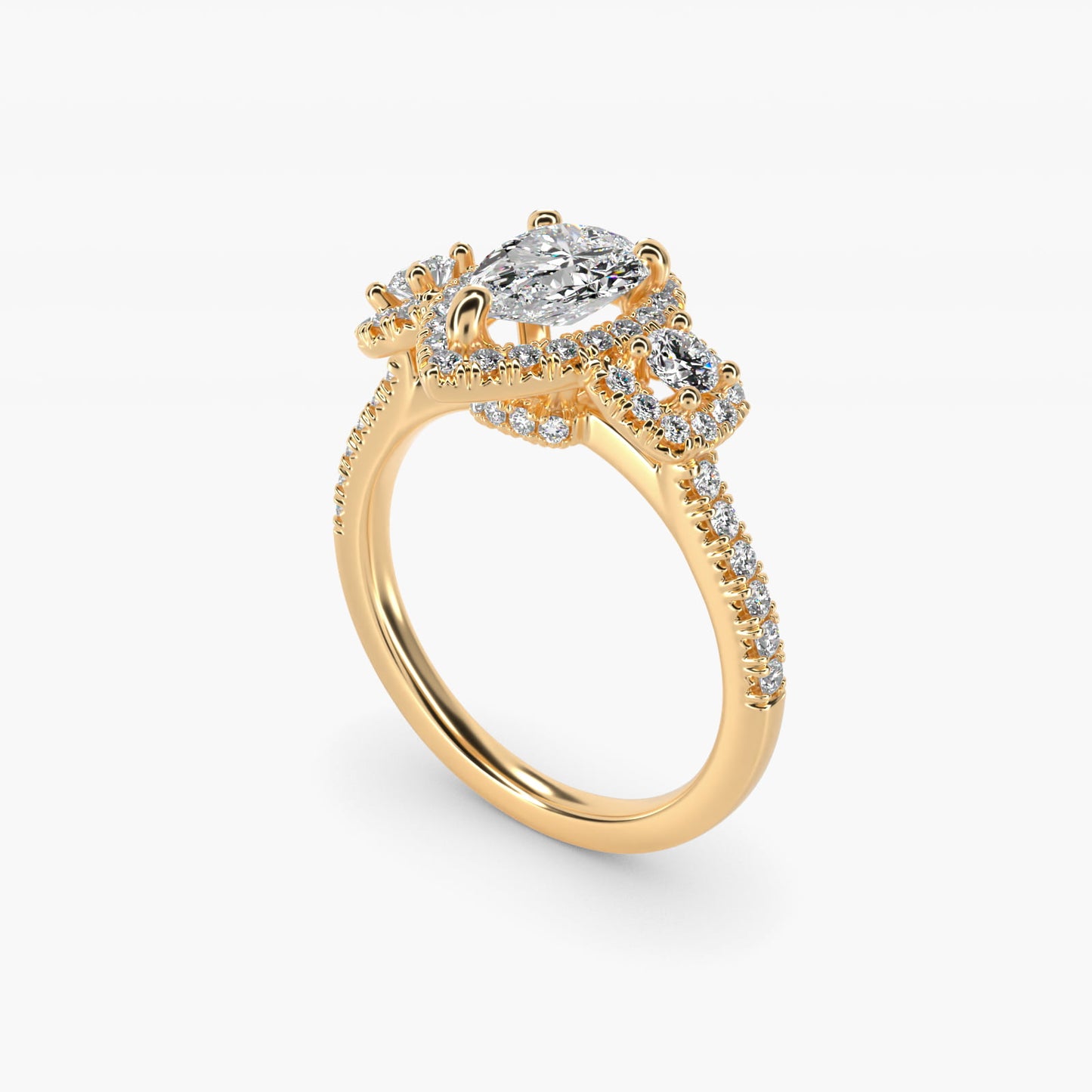 Three-Stone Cushion Halo Diamond Engagement Ring in 18k Yellow Gold - Pear Center