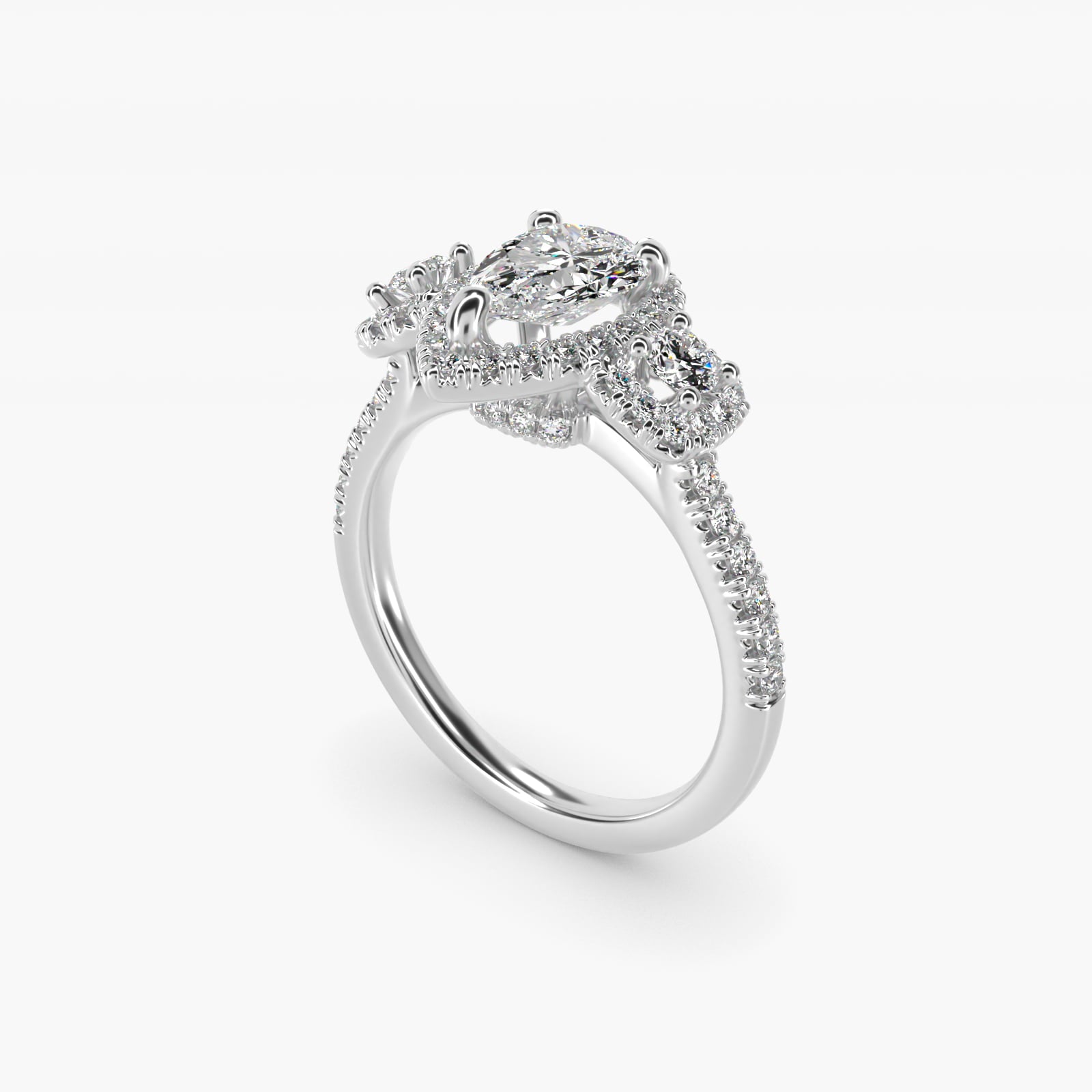 Three-Stone Cushion Halo Diamond Engagement Ring in Platinum - Pear Center