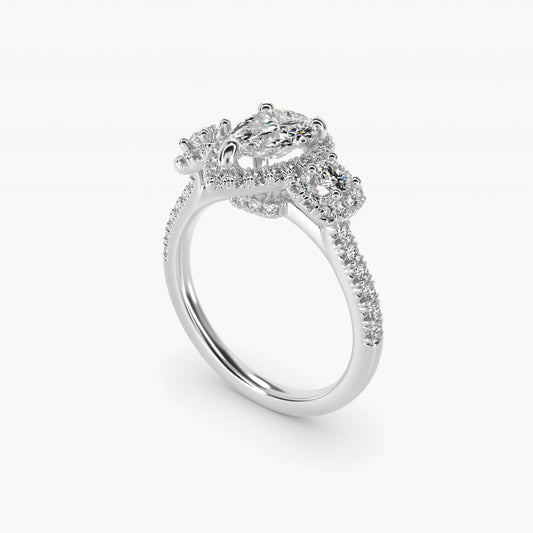 Three-Stone Cushion Halo Diamond Engagement Ring in Platinum - Pear Center