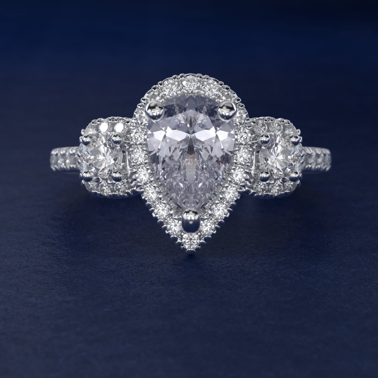 Three-Stone Cushion Halo Diamond Engagement Ring in Platinum - Pear Center