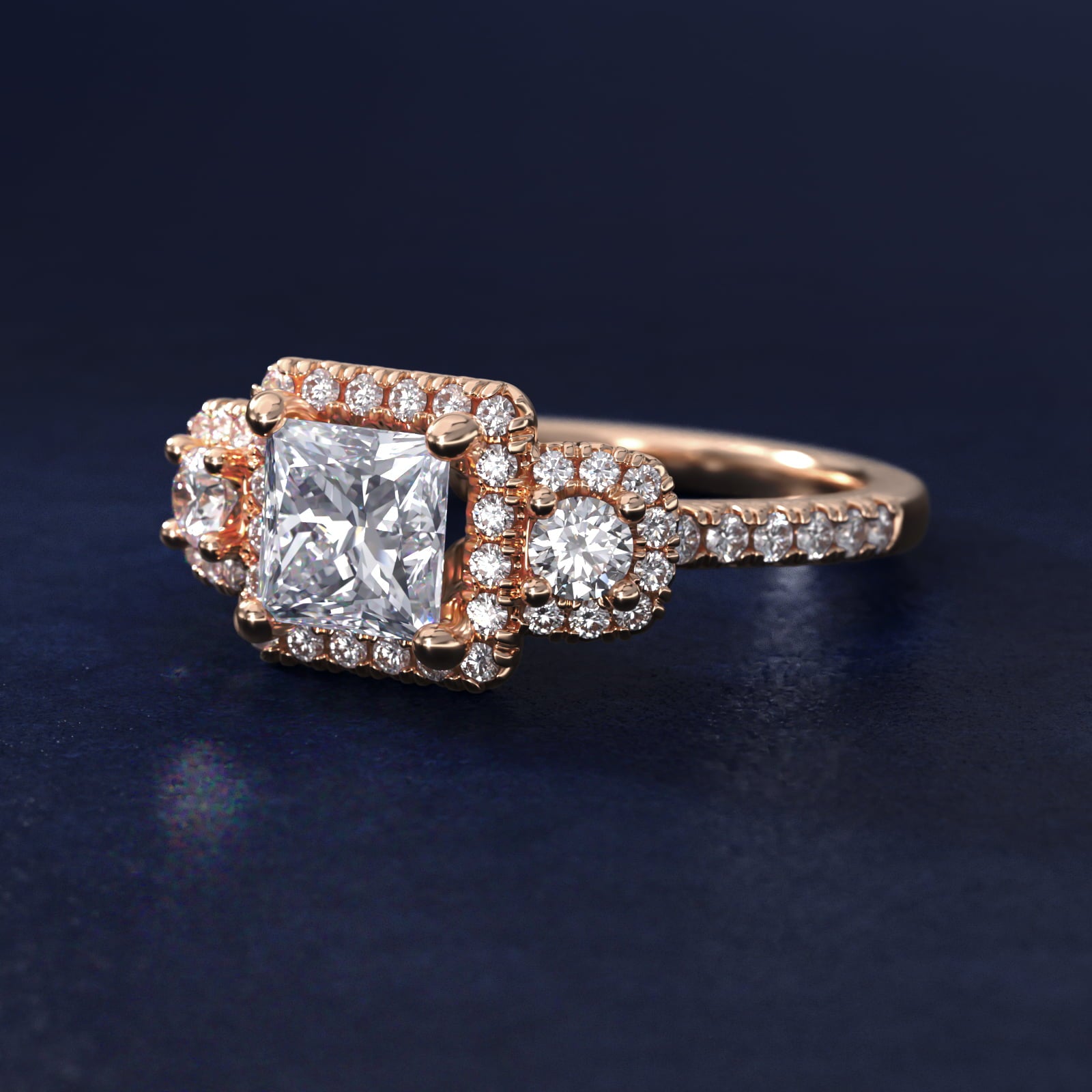 Three-Stone Cushion Halo Diamond Engagement Ring in 14k Rose Gold - Princess Center