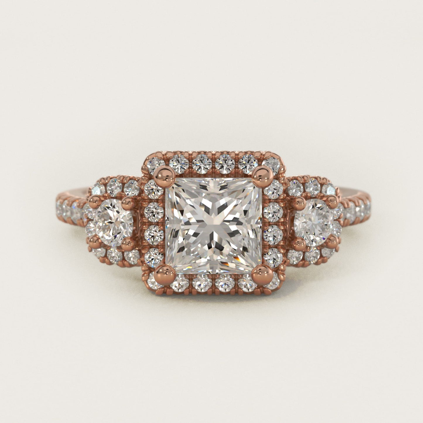 Three-Stone Cushion Halo Diamond Engagement Ring in 14k Rose Gold - Princess Center