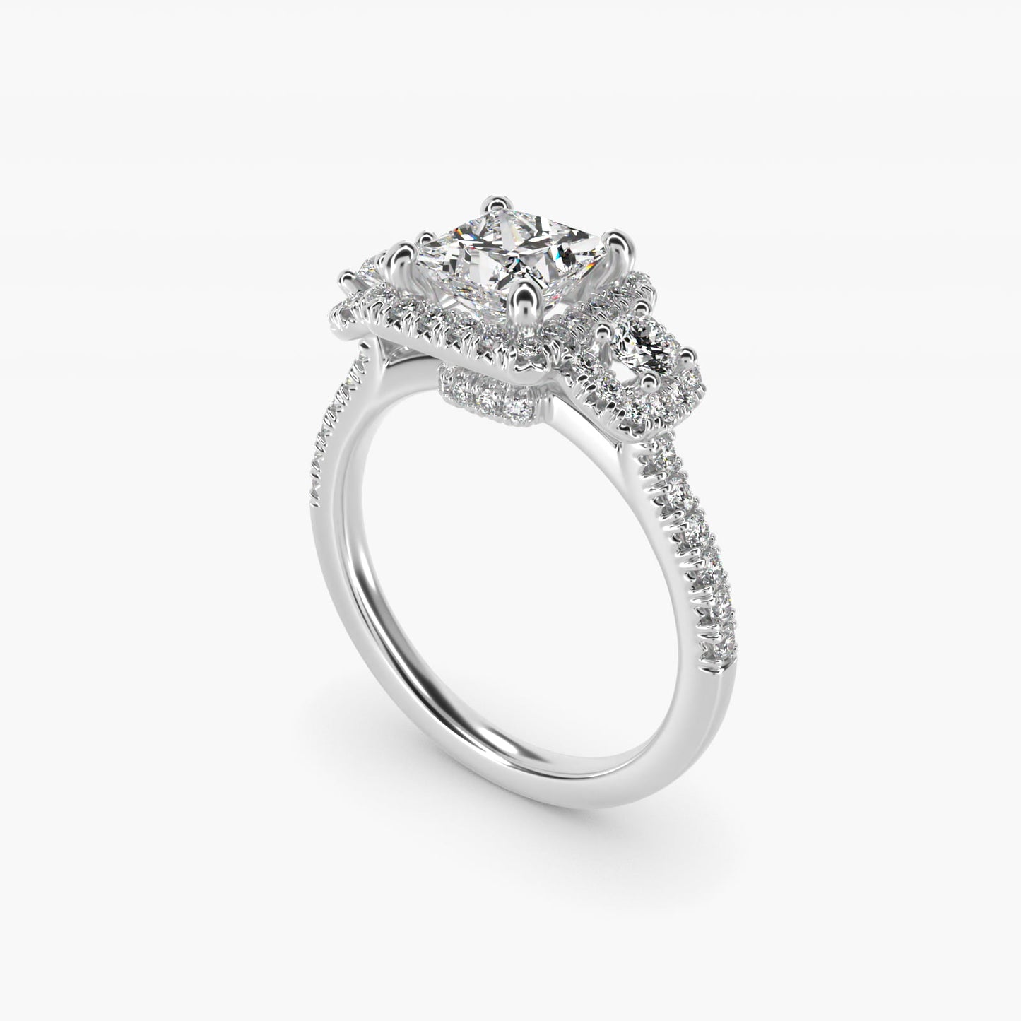 Three-Stone Cushion Halo Diamond Engagement Ring in 18k White Gold - Princess Center
