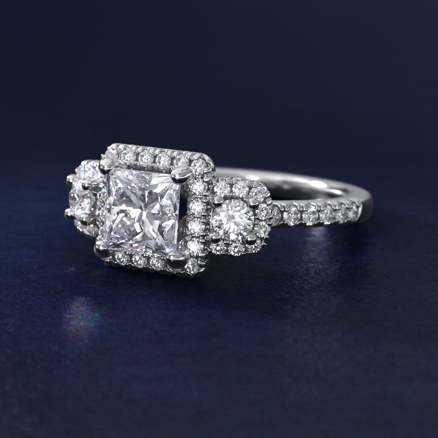 Three-Stone Cushion Halo Diamond Engagement Ring in 14k White Gold - Princess Center