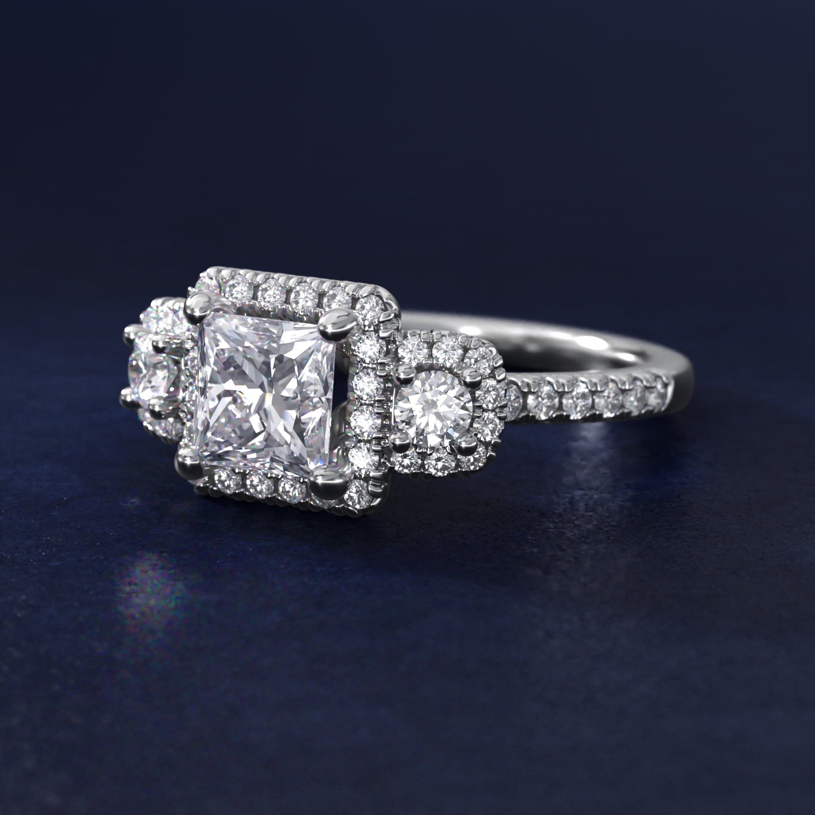 Three-Stone Cushion Halo Diamond Engagement Ring in 14k White Gold - Princess Center
