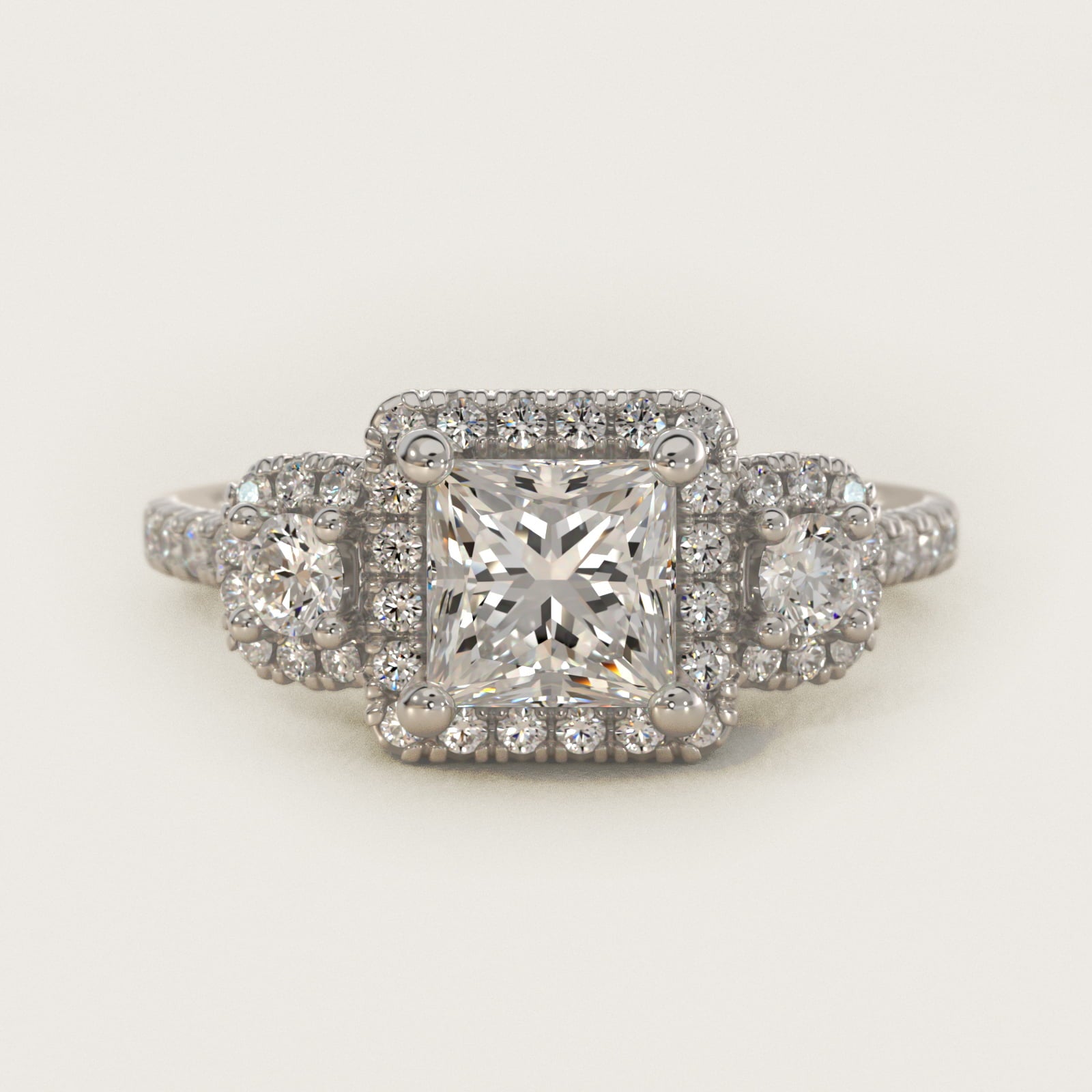 Three-Stone Cushion Halo Diamond Engagement Ring in 14k White Gold - Princess Center