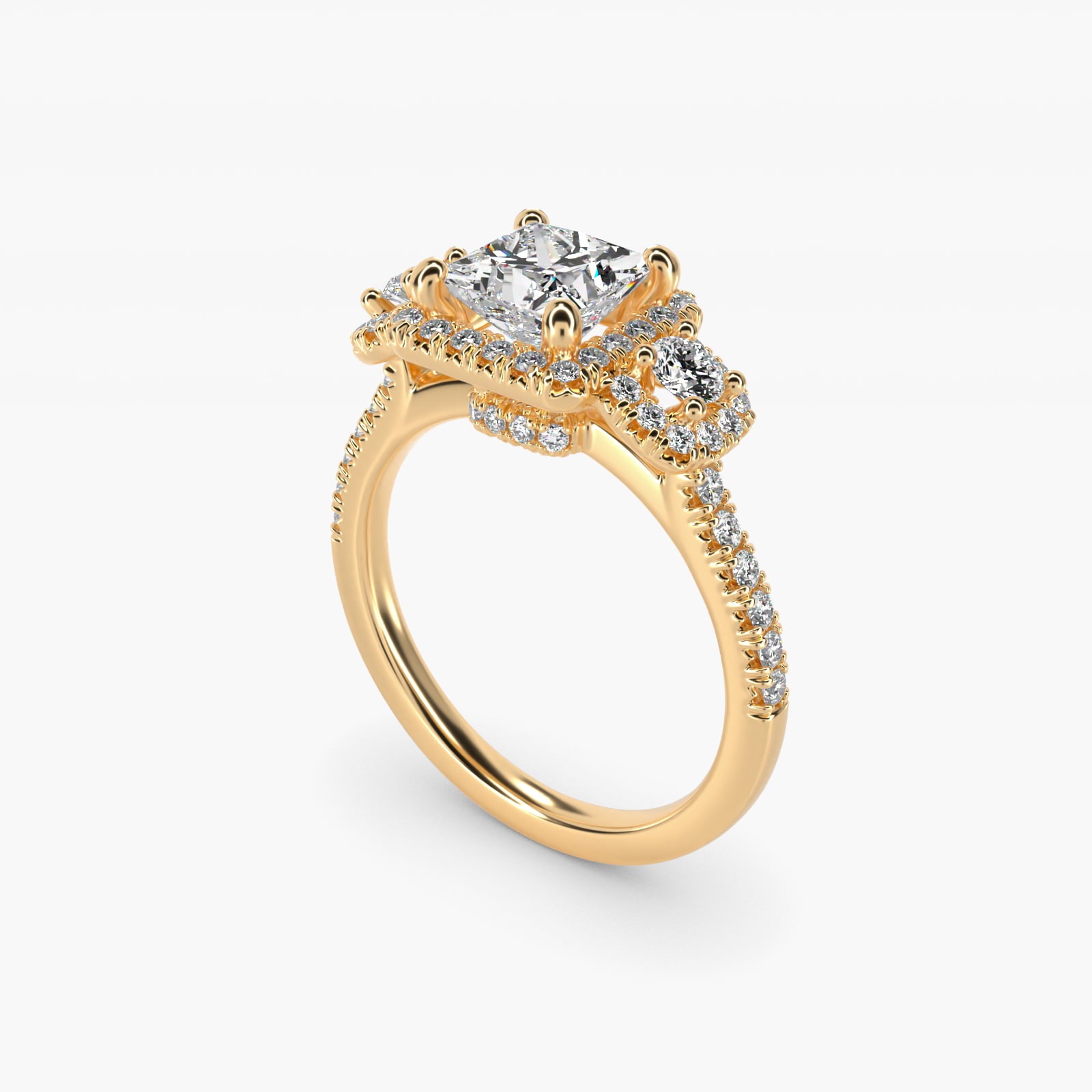 Three-Stone Cushion Halo Diamond Engagement Ring in 14k Yellow Gold - Princess Center