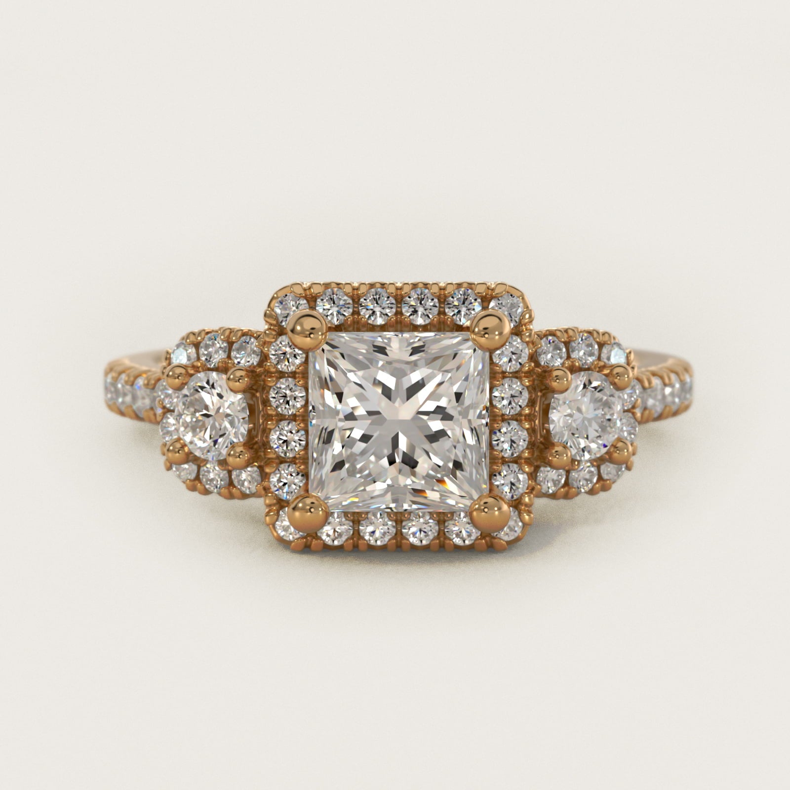Three-Stone Cushion Halo Diamond Engagement Ring in 14k Yellow Gold - Princess Center