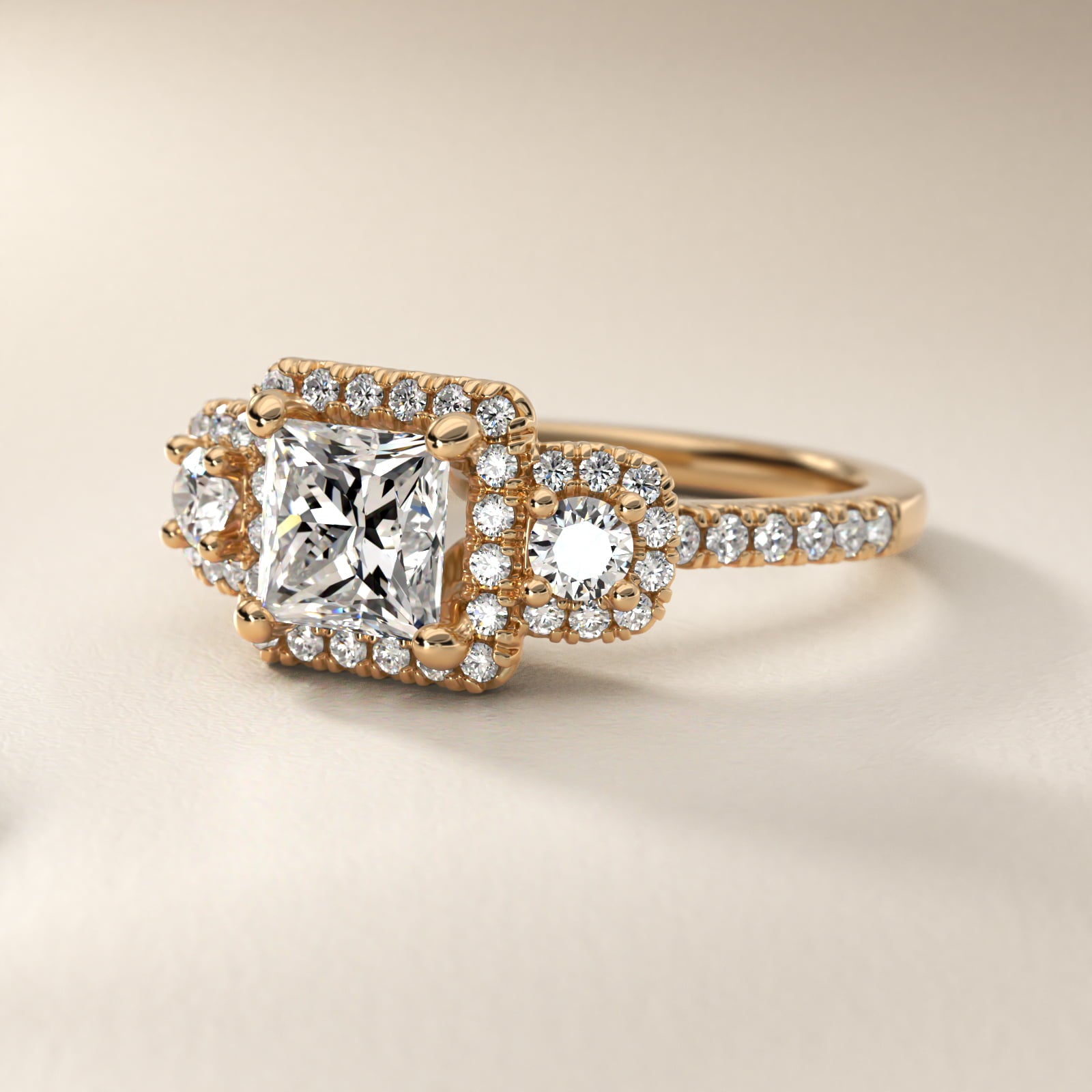 Three-Stone Cushion Halo Diamond Engagement Ring in 18k Yellow Gold - Princess Center