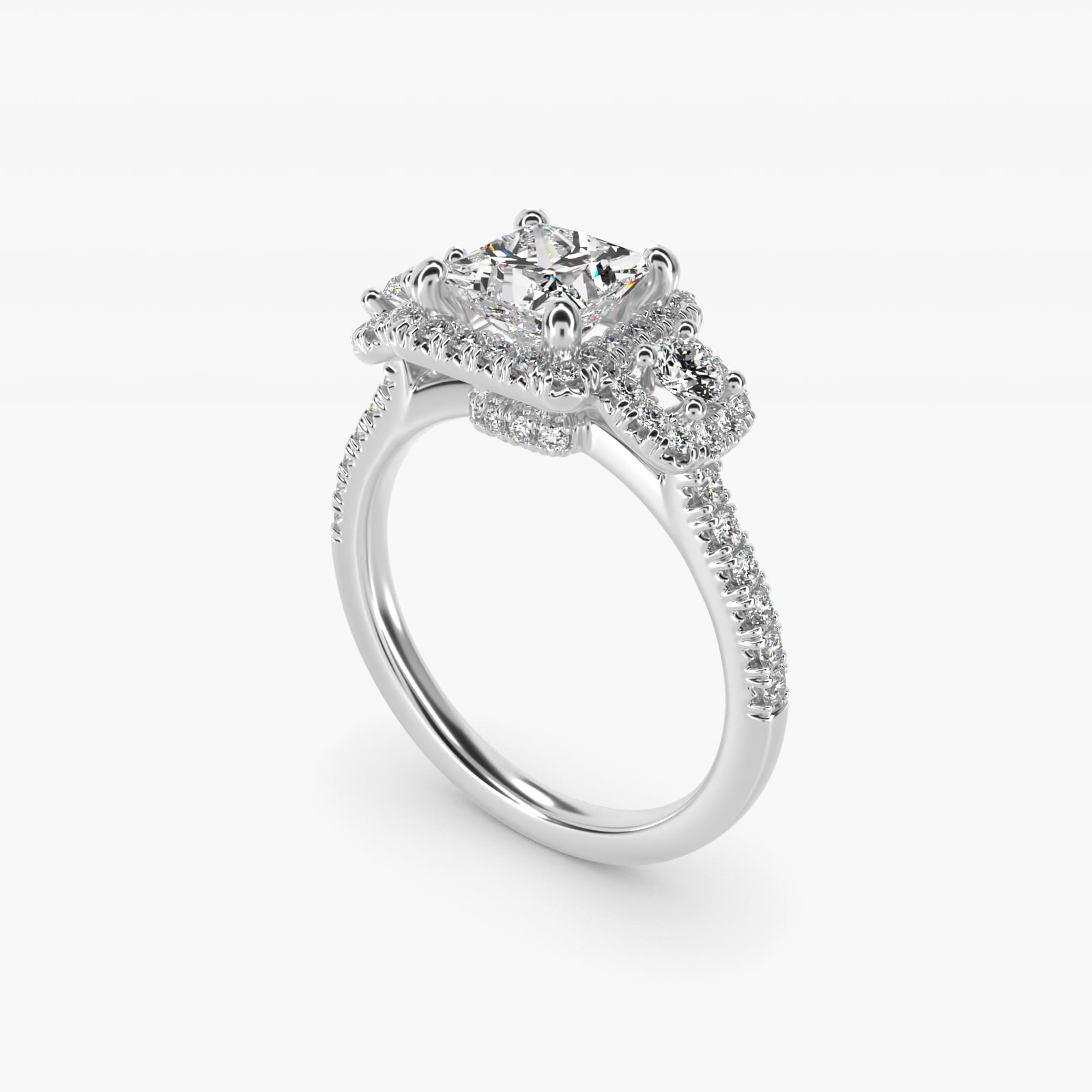 Three-Stone Cushion Halo Diamond Engagement Ring in Platinum - Princess Center
