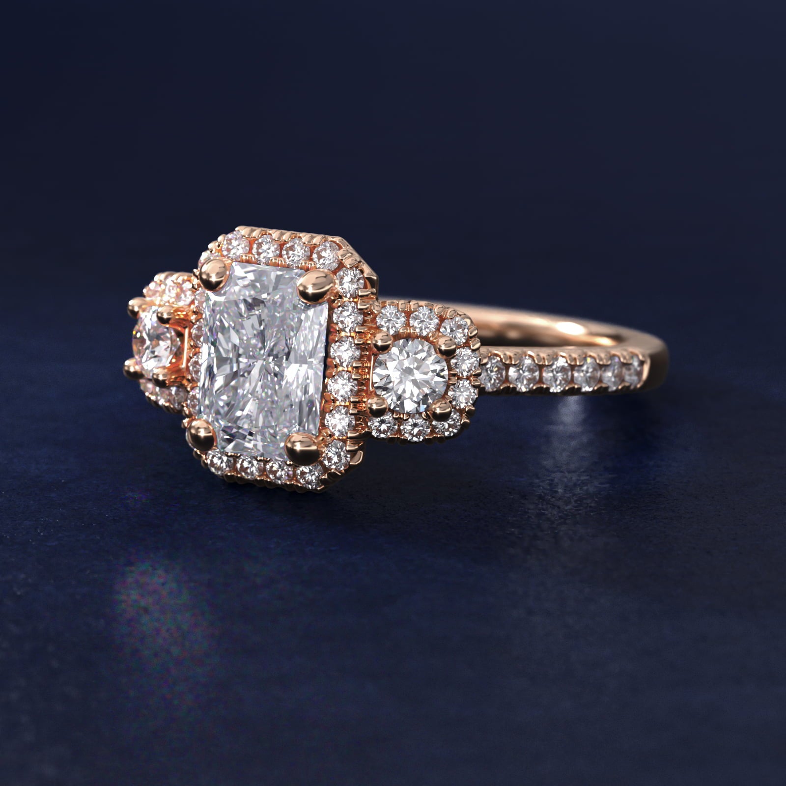 Three-Stone Cushion Halo Diamond Engagement Ring in 18k Rose Gold - Radiant Center